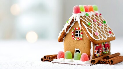 New Year gingerbread house with cinnamon on wood. Copy space