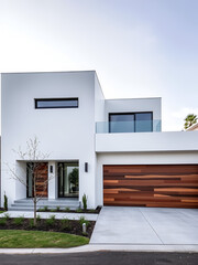 Modern house with white concrete exterior and wood garage