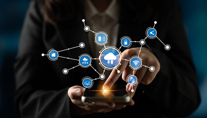 A business professional interacts with a smartphone, accessing cloud technology through a digital interface that represents connectivity and data management easily. Tessel