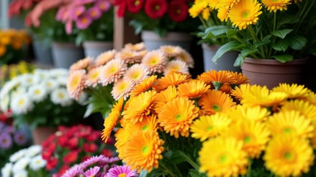 A vibrant display of colorful potted flowers, showcasing the variety available in a local florist shop.