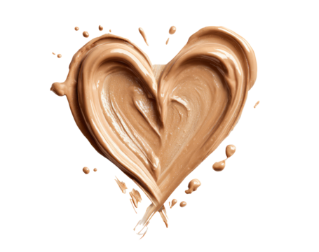 A heart-shaped, light beige cosmetic product, like foundation or concealer, is artistically swirled and textured, surrounded by small, splatter-like drops against a black background