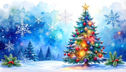 Obraz premium Watercolor Christmas tree scene