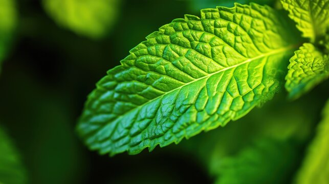 A close-up of a fresh mint leaf highlighting its vibrant green hue and intricate vein patterns.