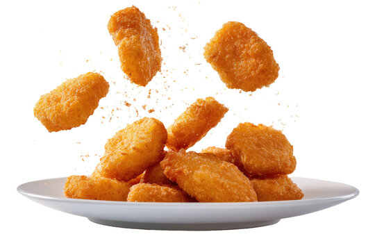 Crispy golden-brown chicken nuggets, piled high on a white plate, appear to be levitating and splashing in mid-air