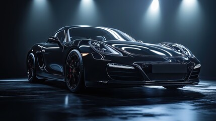 Luxury sports car in a sleek black studio, illuminated by soft spotlights, automotive elegance and power for premium automotive marketing 