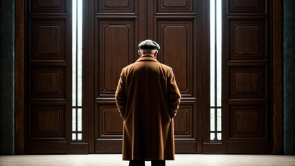Man in elegant coat pauses before grand double doors, contemplating future possibilities and new beginnings