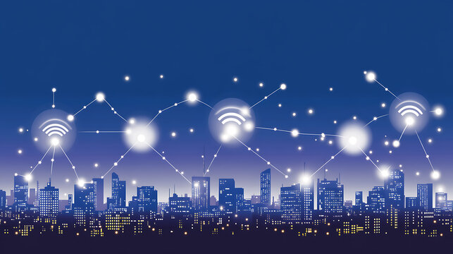Cityscape at Night with Interconnected WiFi Signals - Powered by Adobe