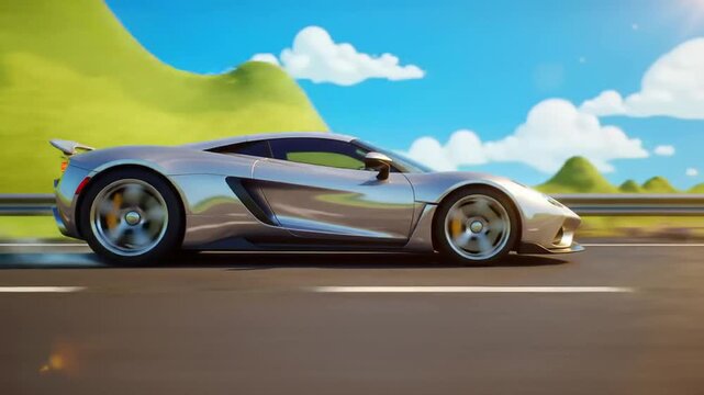 A silver car cartoon speeding on a road with green hills and blue sky