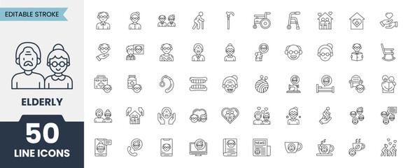 Elderly icon set. Containing old, wheelchair, retirement, grandparents, caregiver, doctor, cane, rocking chair and more. Editable stroke. Vector illustration