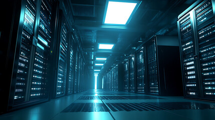 Illuminated Server Room with Rows of Data Storage Units