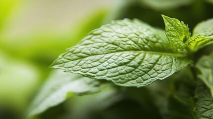 A close-up of a fresh mint leaf highlighting its vibrant green hue and intricate vein patterns.