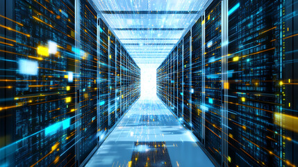 Futuristic Data Center with Illuminated Server Racks and Digital Information Flow
