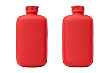 Two identical, red, rectangular water bottles, side-by-side, on a black background.  Cap and body are matte finish