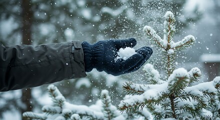 Hand in Glove Catching Snowflakes Near Snowy Pine Tree.
