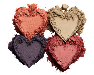 Four heart-shaped eyeshadow or blush samples, showcasing various shades of eyeshadow