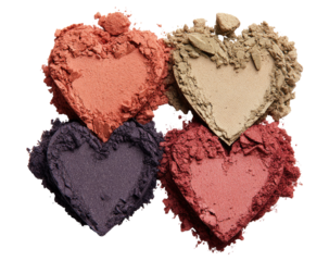 Four heart-shaped eyeshadow or blush samples, showcasing various shades of eyeshadow