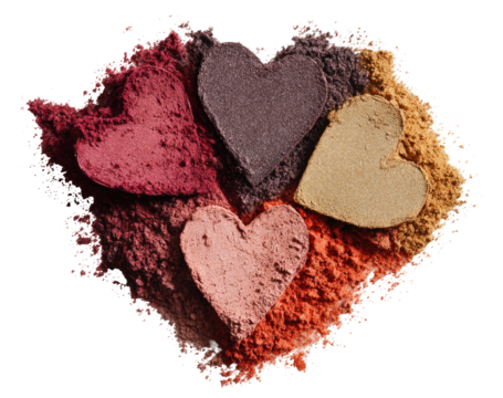 Four heart-shaped eyeshadows nestled in a pile of colorful powder - Powered by Adobe
