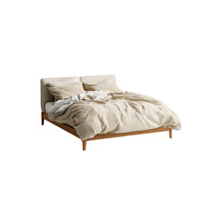 Modern Beige Linen Bed with Wooden Frame - Cozy Bedroom Interior Design