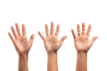 Three hands raised, palms facing forward