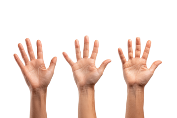 Three hands raised, palms facing forward