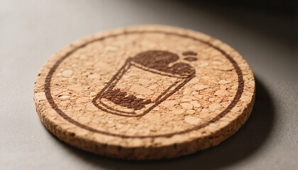 Cork coaster with drink icon on neutral background  