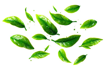 Fresh tea leaves, vibrant green, glistening with water droplets, scattered on black background