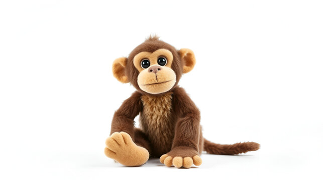 Small funny toy monkey isolated at white background. Stuffed puppet animal.