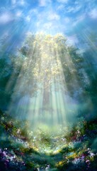 Obraz premium Peaceful Eden landscape with luminous tree symbolizing faith and promise