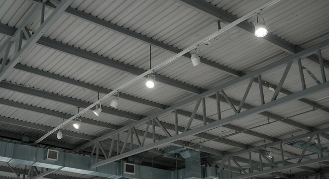 Industrial warehouse ceiling with lights and metal beams.