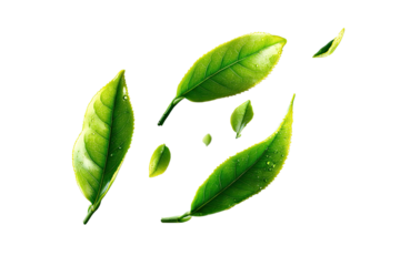 Vibrant green tea leaves, scattered and dynamic, with water droplets,  in a stylized composition