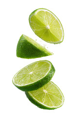 Three lime slices, vibrant green, appear to be levitating.  A  fresh, citrusy image