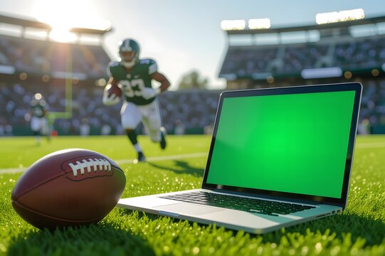 American football and laptop with green screen on stadium field, player running - Powered by Adobe