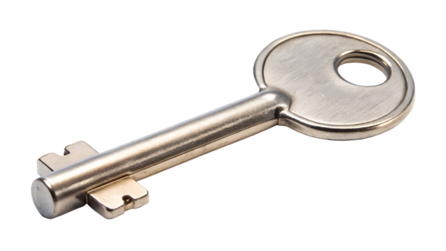 Silver metal key isolated on transparent background, a symbol of security, access, and unlocking opportunities, representing privacy, control, and the potential for new beginnings