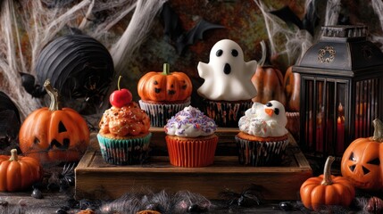 Spooky Halloween cupcakes and pumpkin lanterns arranged on a wooden platform backdrop
