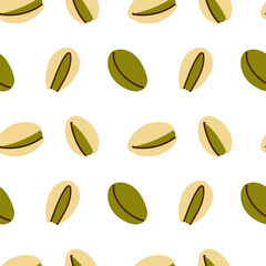 Vector seamless pattern with whole and split pistachio nuts. Modern gourmet food background for dessert menu, confectionery packaging and branding. Cute seamless print. Colorful wrapping design.