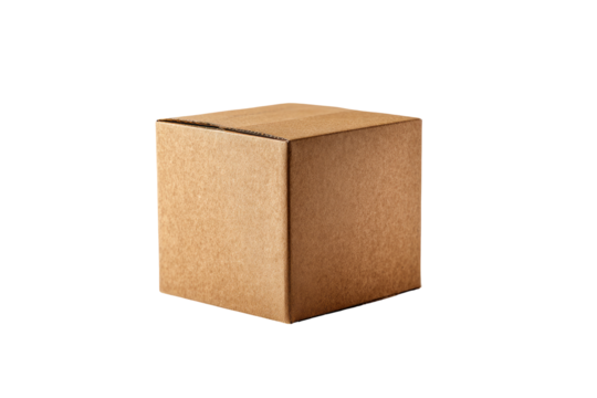 A closed, light brown cardboard box, square and solid