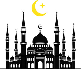 Black silhouette illustration of Islamic mosque with domes, minarets, crescent moon and star—symbolizing faith, architecture, and cultural heritage
