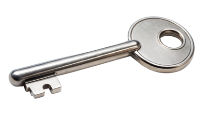 A simple metal key, isolated on transparent background, representing access, security, unlocking potential, and finding solutions to complex problems