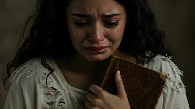 A Deeply Emotional Woman Crying While Holding an Old Book, Expressing Grief and Sadness