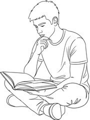Black and white line drawing of person reading book cross-legged, thoughtful pose for education, study, learning, and intellectual themes