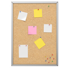 Corkboard with sticky notes isolated on transparent background