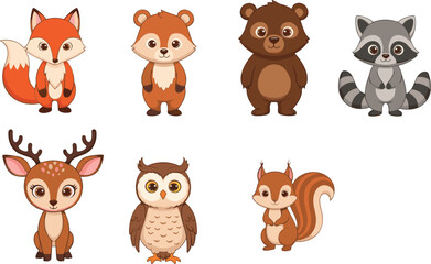 Cartoon Forest Animals Vector Set – Fox, Bear, Raccoon, Deer, Owl, Squirrel – Cute Woodland Wildlife for Kids and Education