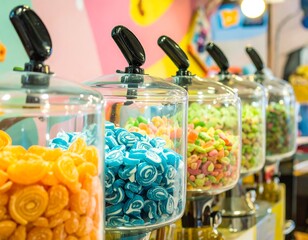 Colorful candy dispensers in a vibrant shop setting