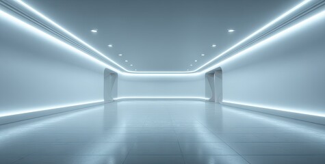 A spacious, futuristic hallway with smooth, light-blue walls and a polished, reflective floor.  Accent lighting highlights the architectural design.