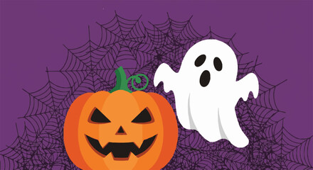 Spooky Halloween illustration with a carved Jack-o'-lantern pumpkin and a friendly ghost on a purple background with spiderwebs.