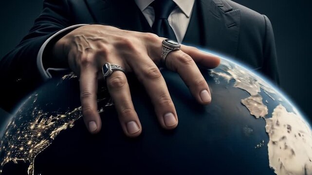 Corporate executive's hands controlling illuminated globe representing global business dominance and worldwide market influence. Anonymous power