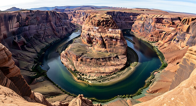 Aerial view of horseshoe bend with the colorado river flowing through the canyon landscape in arizona ai generated