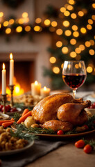 Obraz premium Festive Thanksgiving or Christmas dinner table with roasted turkey and cozy holiday ambiance