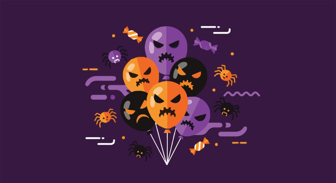 Halloween Spooky Balloons Illustration with Scary Faces, Candy, and Spiders on a Dark Purple Background. Festive Vector Assets.