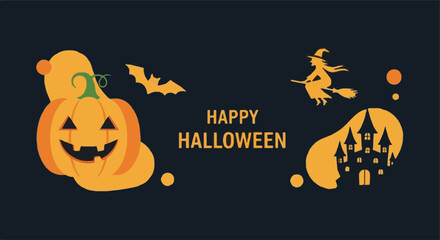 Happy Halloween vector illustration with spooky jack-o'-lantern, flying witch, haunted castle, and bat on dark background, festive design assets